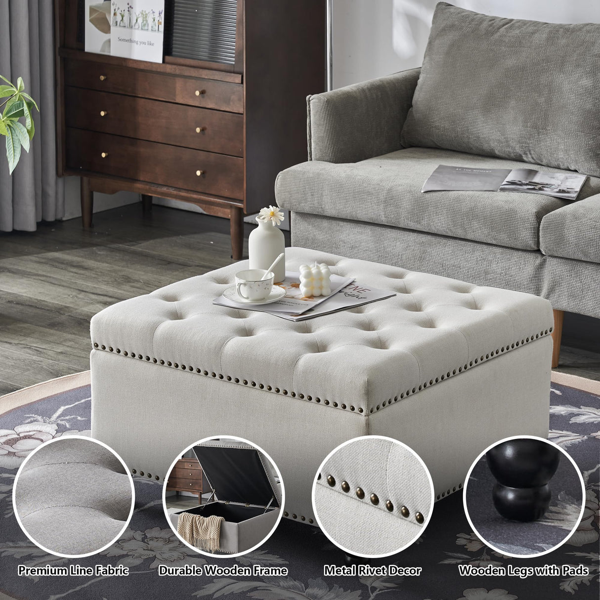 Polarisys Square Storage Ottoman Bench Ottoman Coffee Table Bench Oversized Coffee Table Ottoman Bench with Storage for Living Room Polarisys
