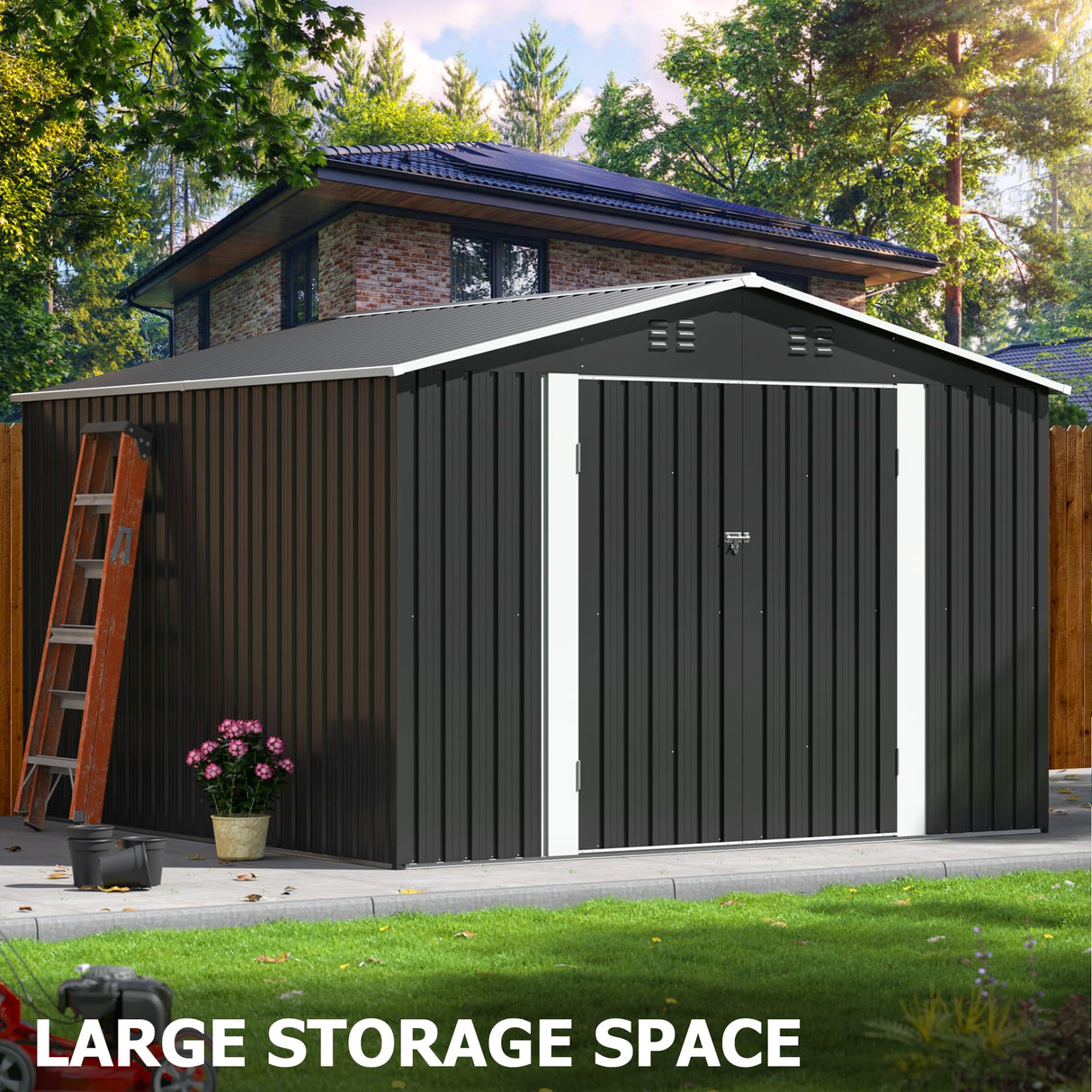 AirWire 10x10 FT Outdoor Storage Shed, Garden Shed with Updated Frame Structure and Lockable Doors, Metal Tool Sheds for Backyard Garden Patio Lawn, Grey AirWire