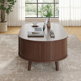 Alohappy Oval Coffee Table, Mid Century Modern Coffee Table with Sliding Tambour Door, Fluted Center Table with Hidden Storage, Curved Profile Dining Table for Living Room, Home Office,Walnut Alohappy