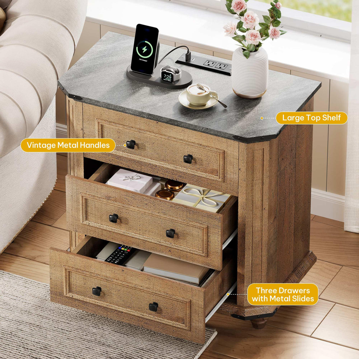 DWVO Nightstand Set of 2 with Charging Station, Farmhouse Bedside Table with 3 Drawers, Wood Night Stand w/Storage, Rustic Bed Side End Table for Bedroom Dorm Small Space, Brown DWVO