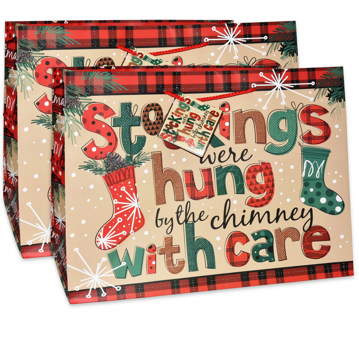 Gift Boutique 12 Jumbo Christmas Tote Bags with Handles 15" Wide X 11" High X 11" Deep Extra Wide Large Giant Reusable Grocery Shopping Paper Bags Big Gusset for Food Cookie Container & Foil Tin Pan Gift Boutique