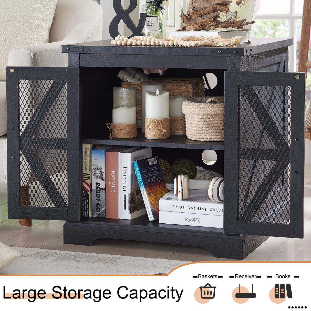 ACCOHOHO 24" Farmhouse End Table - Wood Large Sofa Side Table with Charging Station, Mesh Barn Door, and Adjustable Storage Shelf, Rustic Square Nightstand for Living Room, Bedroom, Antique Black ACCOHOHO