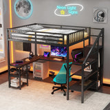 Duxelifin Full Size Loft Bed Heavy-Duty Metal Loft Beds with Desk & LED Lights, High Lofted Bed with Stairs and Charging Station, Gaming Loft Tall Bed for Boys Girls and Teens (Black) Duxelifin