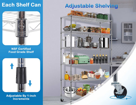 6 Tier Metal Shelving, 18" D x 48" W x 82" H Storage Rack, Wire Shelf, Height Adjustable, Wire Rack Shelving, Maximum Load Bearing 2100lbs, Metal Storage Shelves for Kitchen Garage Warehouse, Chrome MKDLUFEI