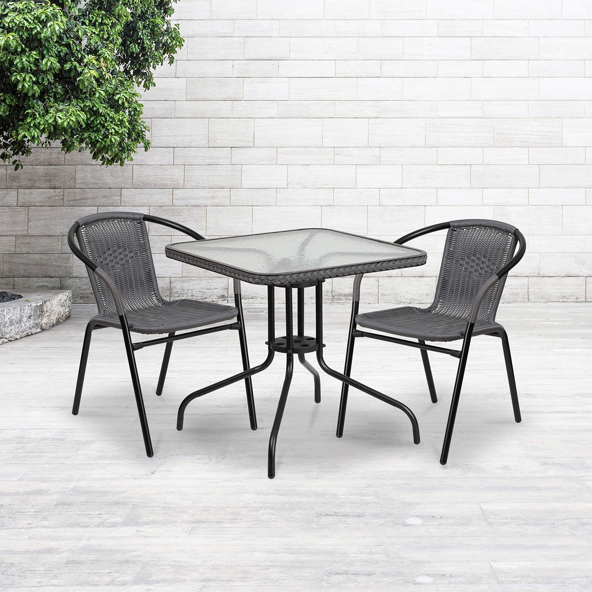 EMMA + OLIVER 2 Pack Gray Rattan Indoor-Outdoor Restaurant Stack Chair with Curved Back EMMA + OLIVER