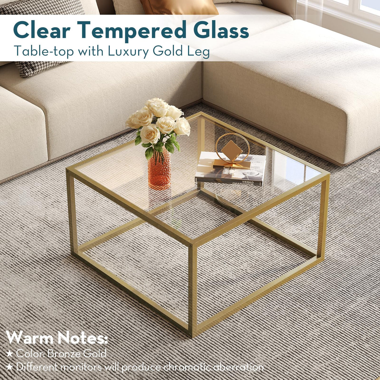 SAYGOER Gold Coffee Table Glass Modern Coffee Tables for Small Space Simple Square Center Table for Living Room Home Office 26.7 x 26.7 x 17.7, Easy Assembly SAYGOER