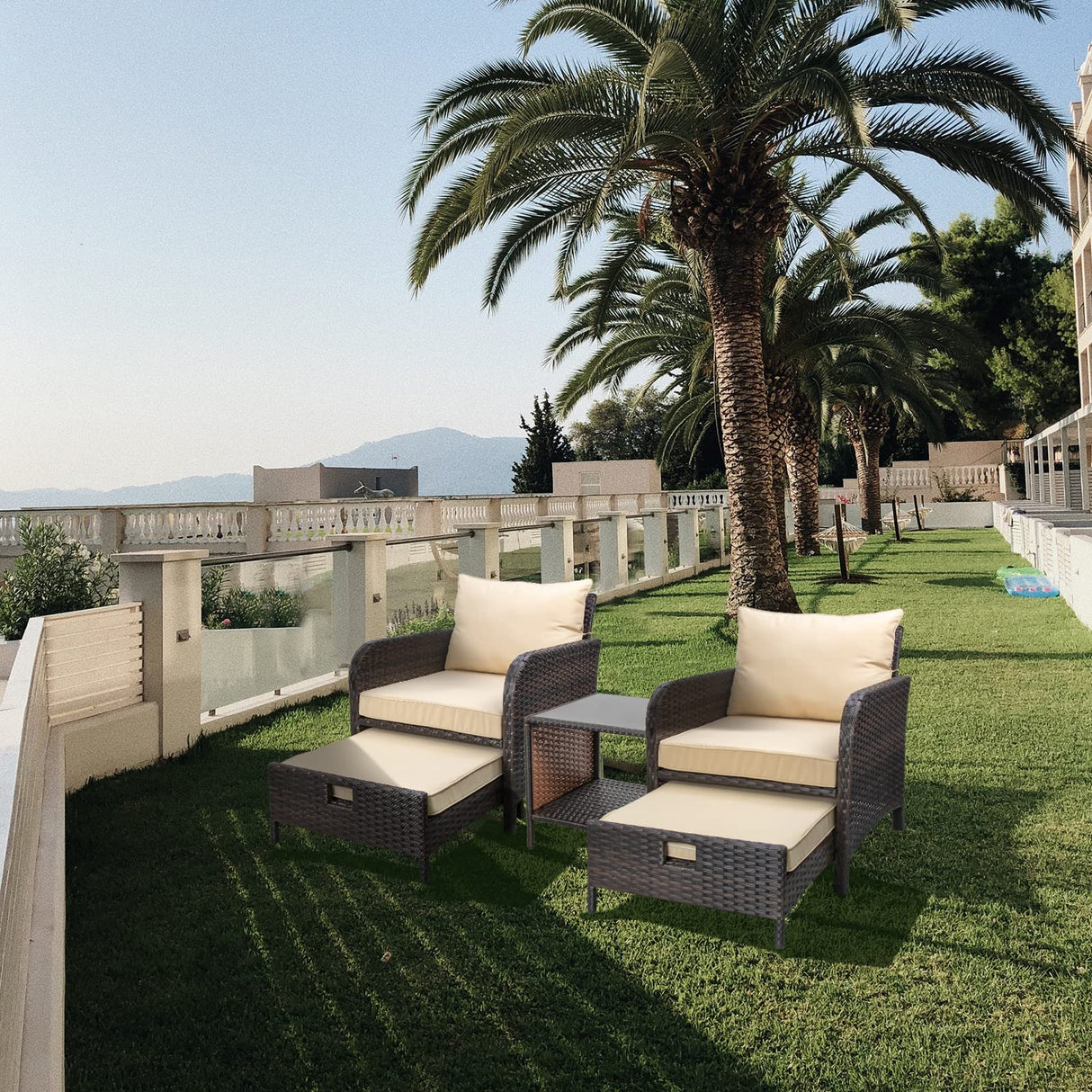 LEVELEVE Balcony Furniture 5 Piece Patio Conversation Set, PE Wicker Rattan Outdoor Lounge Chairs with Soft Cushions 2 Ottoman&Glass Table for Porch, Lawn-Brown Wicker LEVELEVE