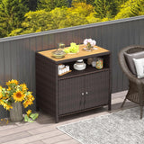 Tangkula Rattan Outdoor Storage Cabinet, Patiojoy Outdoor Cabinet with Acacia Wood Countertop, Open Compartment, 2-Door Wicker Sideboard, Outdoor Bar for Patio Garden Backyard Poolside (Mix Brown) Tangkula
