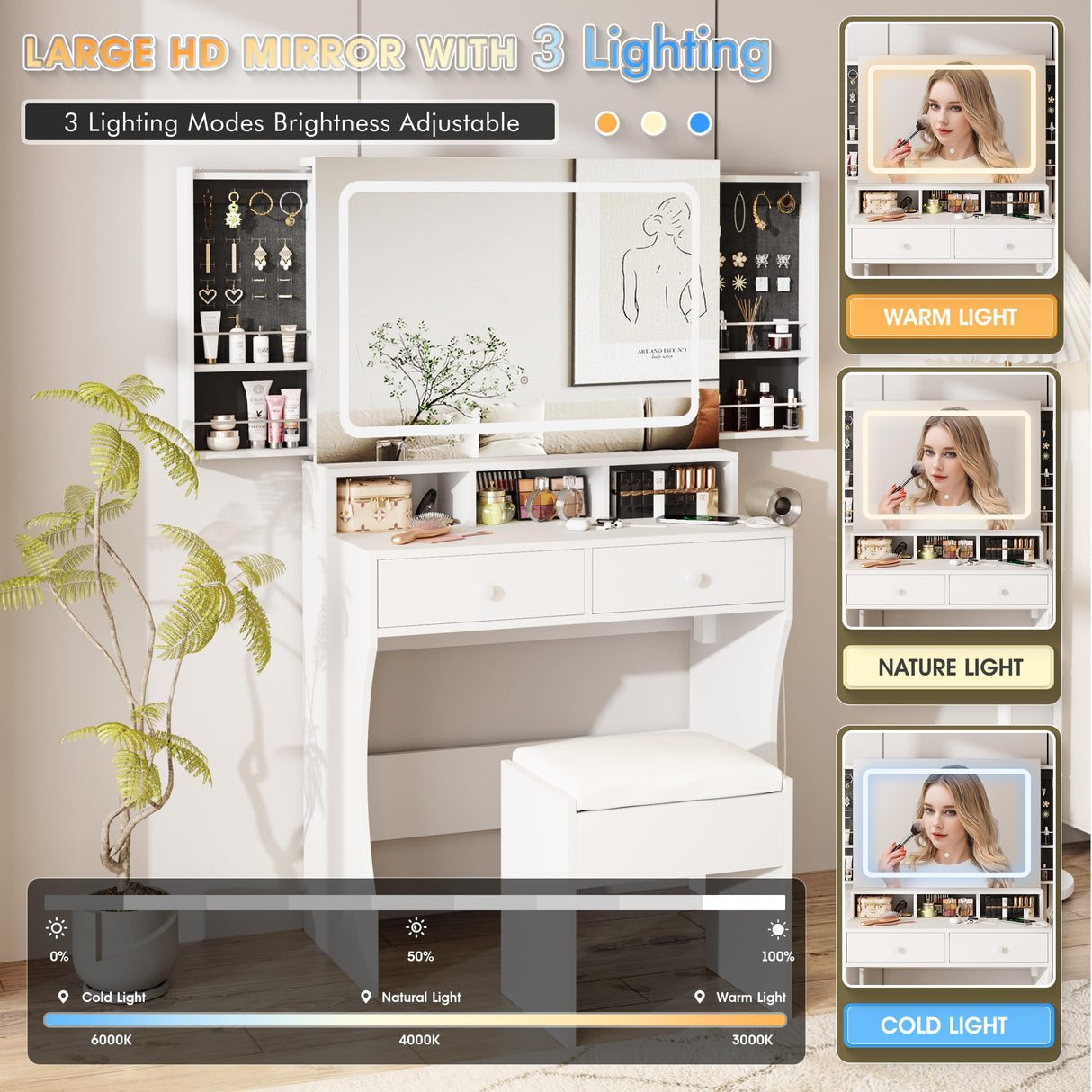 Makeup Desk with Mirror and Lights, White Dressing with Charging Station & Chair, Vanity Desk with Sliding Jewelry Storage Shelves&3 Lighting Modes, Vanity with 2 Large Drawers,Vanity for Women&Girls Vabches