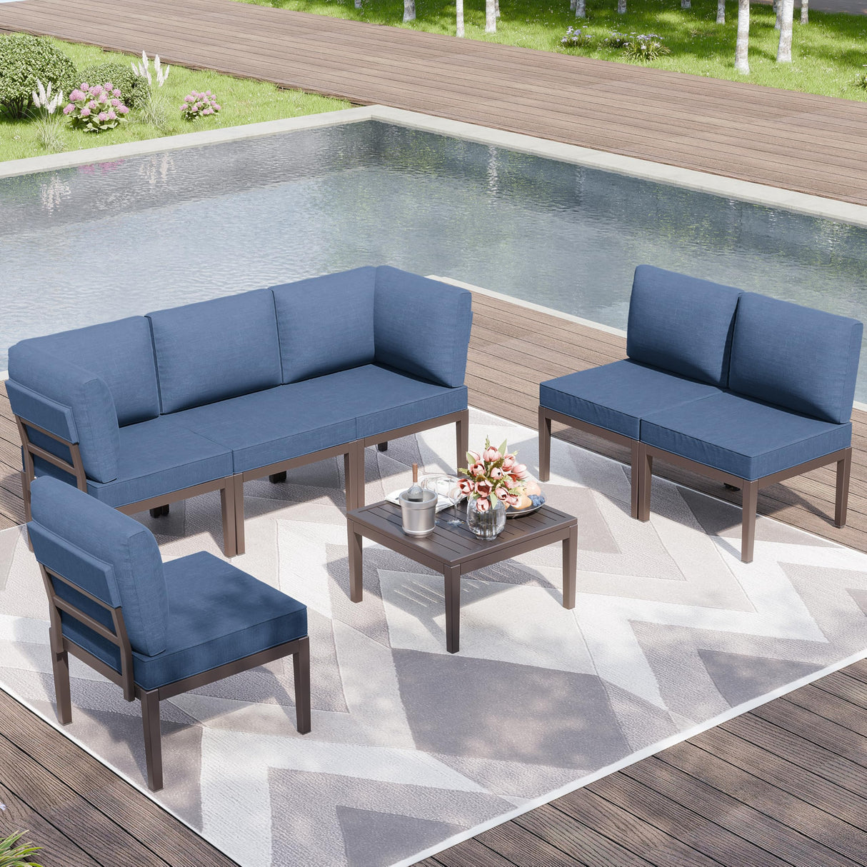 Kurapika 7 Pieces Metal Patio Furniture Set Modern Metal Outdoor Conversation Sets, Patio Sectional Sofa w/5 Inch Cushion and Coffee Table, Navy Blue Kurapika