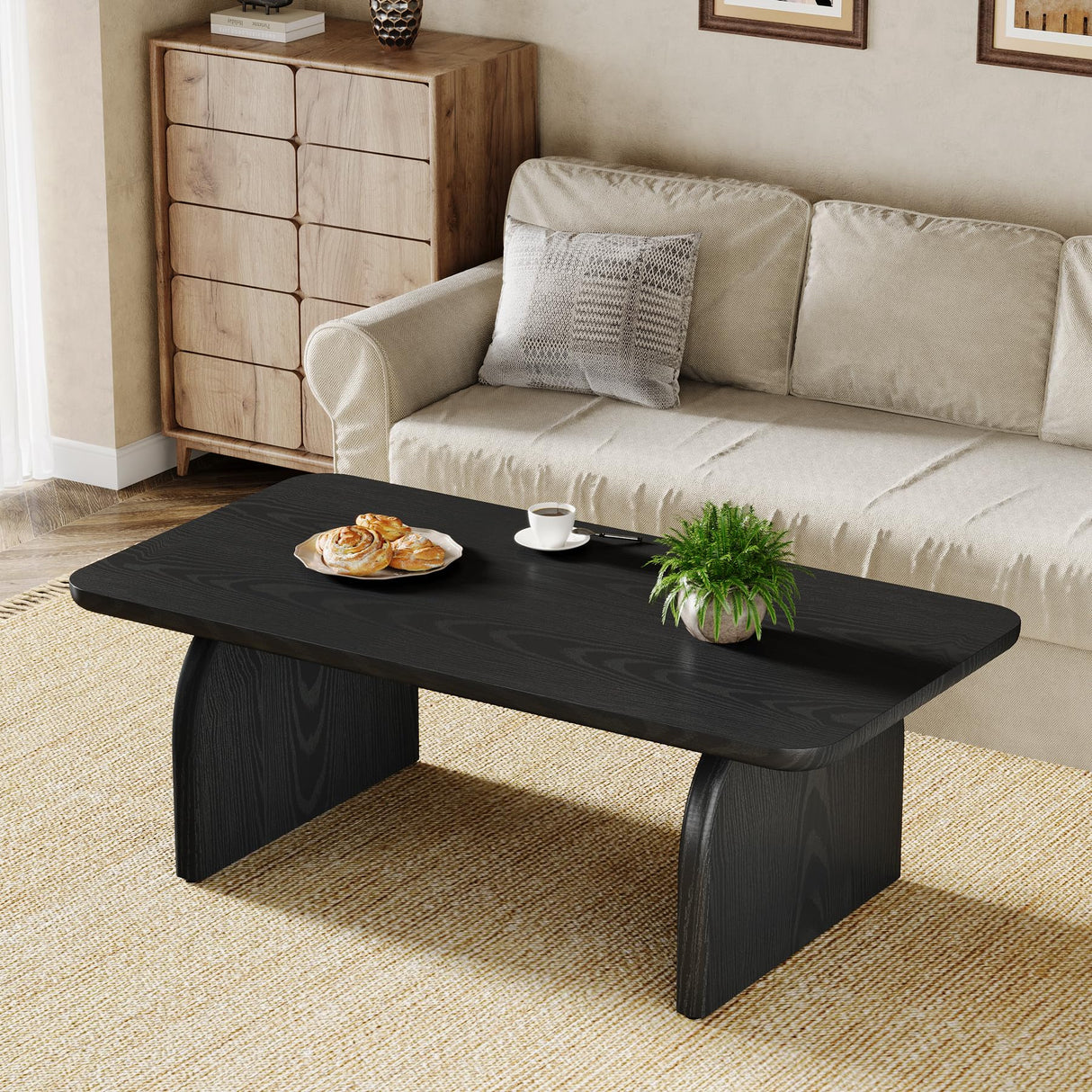 Tribesigns Rectangle Coffee Table, 47-Inch Wood Rectangular Living Room Table, Farmhouse Accent Center Low Cocktail Tea Table with Sturdy Base & Rounded Corners, Easy Assembly (Black) Tribesigns