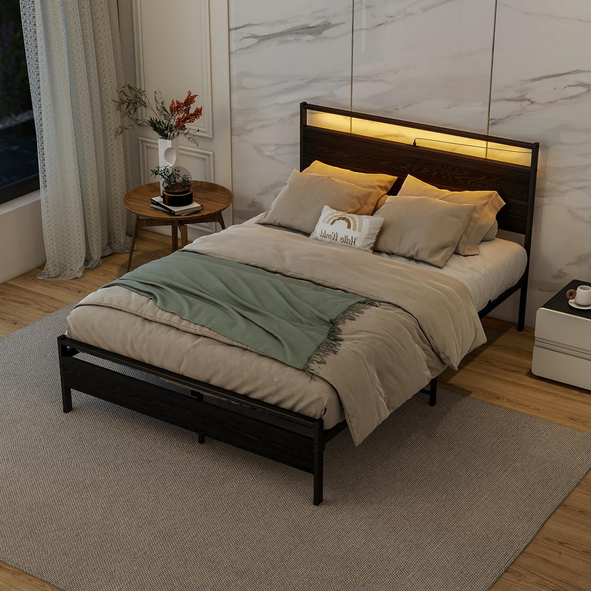 Full Size BOFENG Bed Frame with Wood Headboard, LED Lights & USB Charging Station BOFENG