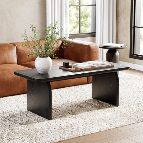 LITTLE TREE Farmhouse Coffee Table, 47 Inches Wooden Center Tables with Rounded Corners, Rectangular Living Room Tables, Modern Low Cocktail Tea Furniture for Living Room (Black) LITTLE TREE