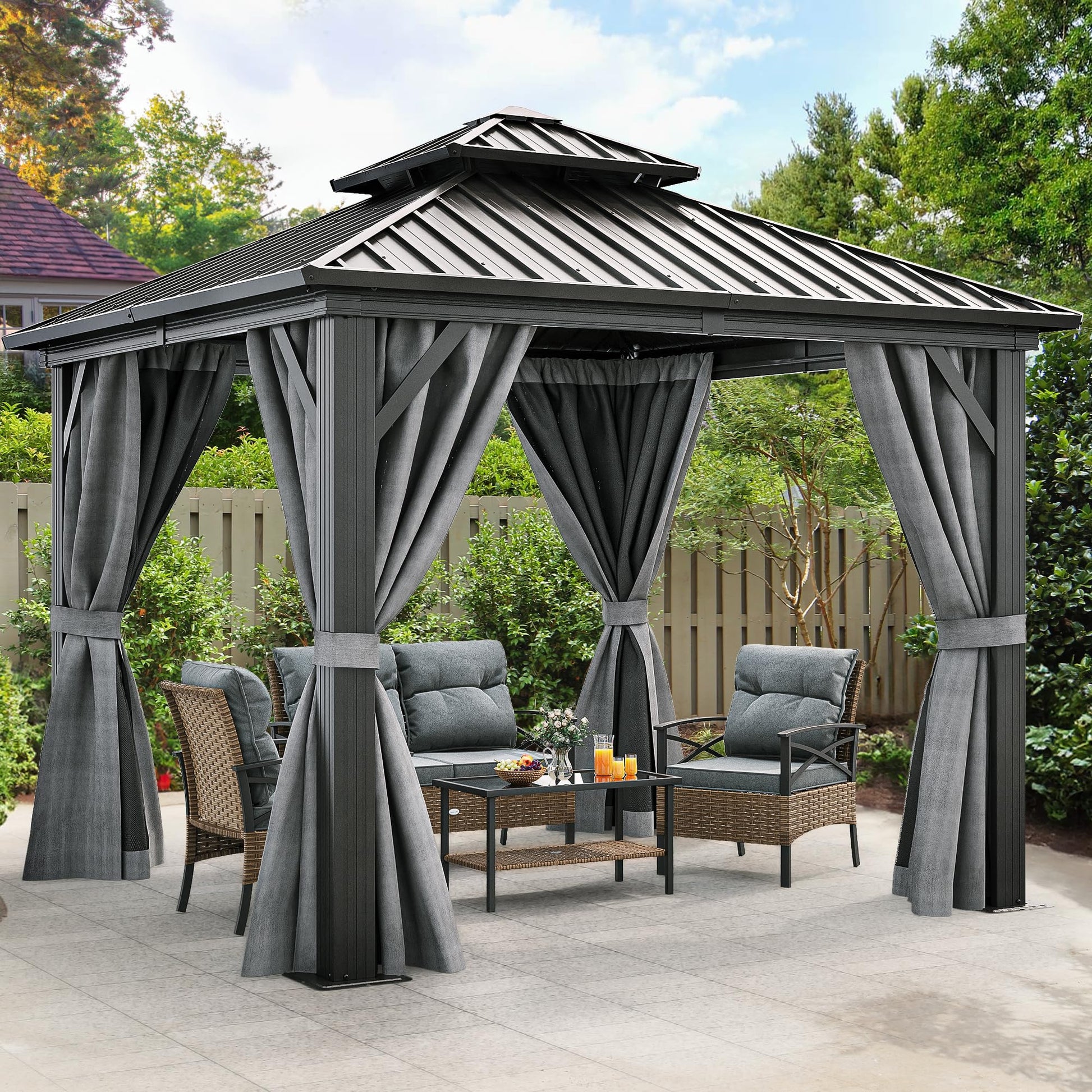 YITAHOME 10x10ft Gazebo Hardtop with Nettings and Curtains, Heavy Duty Double Roof Galvanized Steel Outdoor Combined of Vertical Stripes Roof for Patio, Backyard, Deck, Lawns, Gray - WoodArtSupply