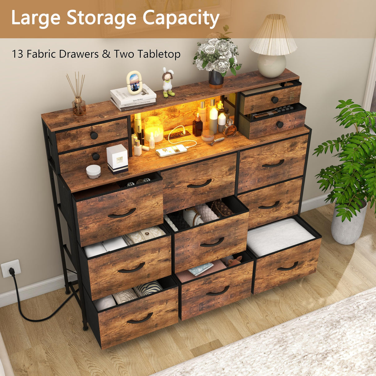 Welfuturer Rustic Dresser with Charging Station and LED Lights Large 13 Drawers Dresser Fabric Chest of Drawers for Bedroom Living Room Hallway Entryway Closets Sturdy Frame Wood Top Brown Welfuturer