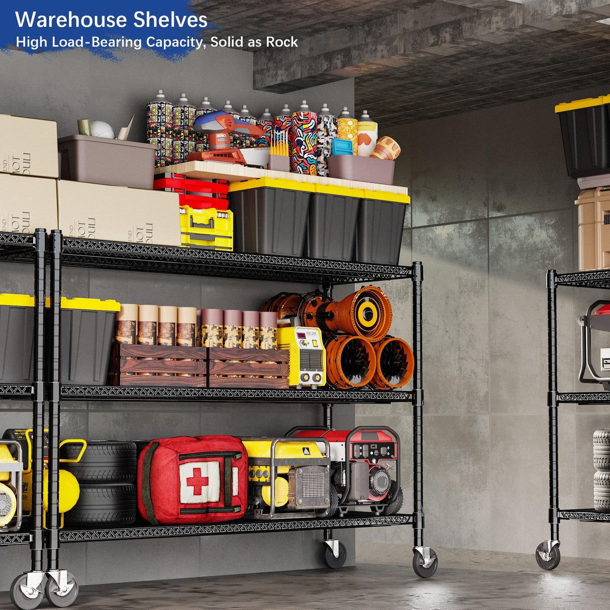 Heavy Duty Shelving, 51.6" H Garage Shelving Unit with Wheels, 3-Tier Garage Storage Shelves Metal Shelves Rack, Adjustable Industrial Shelving for Warehouse Storage, 60" W x 24" D x 51.6" H, Black GIOTORENT