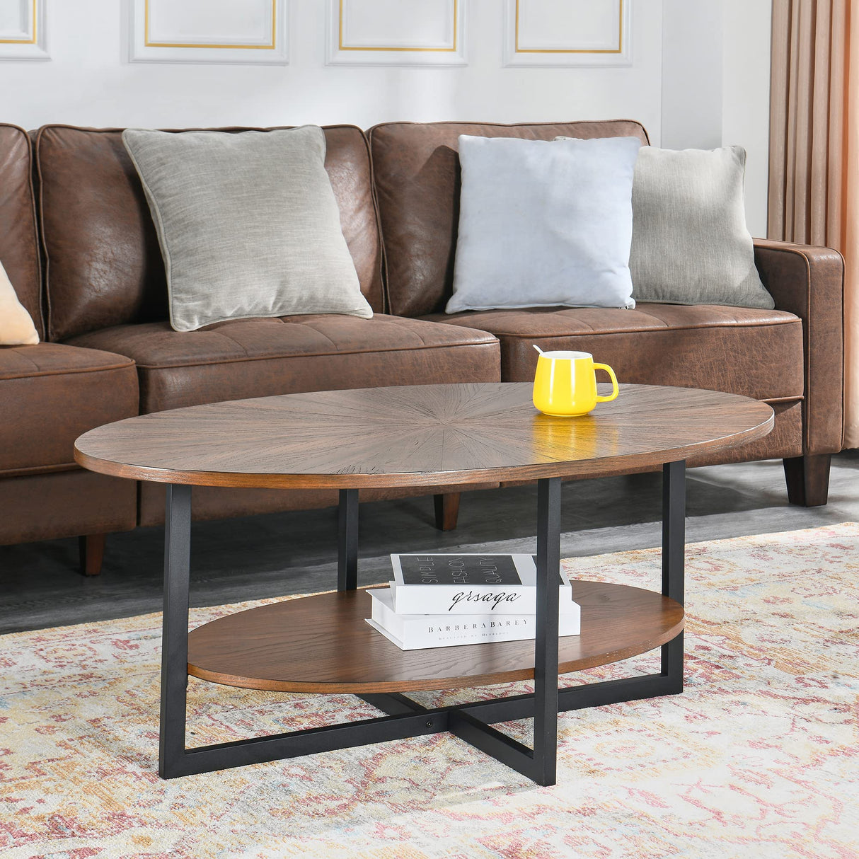 JESONVID Solid Wood Oval Coffee Table with Cross Metal Legs, 43.3in Modern Industrail Center Table with Open Shelf Cocktail Tea Table for Living Room Bedroom, Rustic Brown 1811NC JESONVID