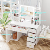 VoirStar Vanity Desk with Mirror & Light, Makeup Vanity with Lights, 6 Drawers Makeup Table with Mirror, 3 Lighting Colors, Dressing Table, Large Storage Vanity Desk with Shelf, White VoirStar