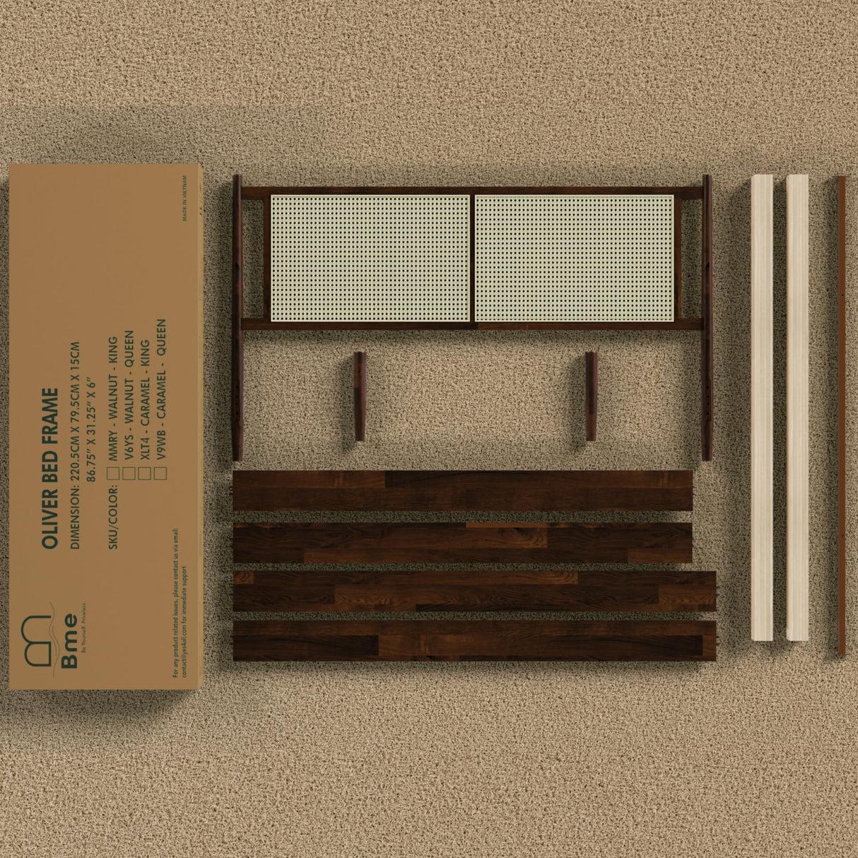 Bme Oliver King Bed Frame and Headboard - 15-Inch Signature Design with Rattan Headboard, Bohemian and Mid Century Style, 12-Slat Wood Support, No Box Spring Needed - Easy Assembly, Walnut Bme