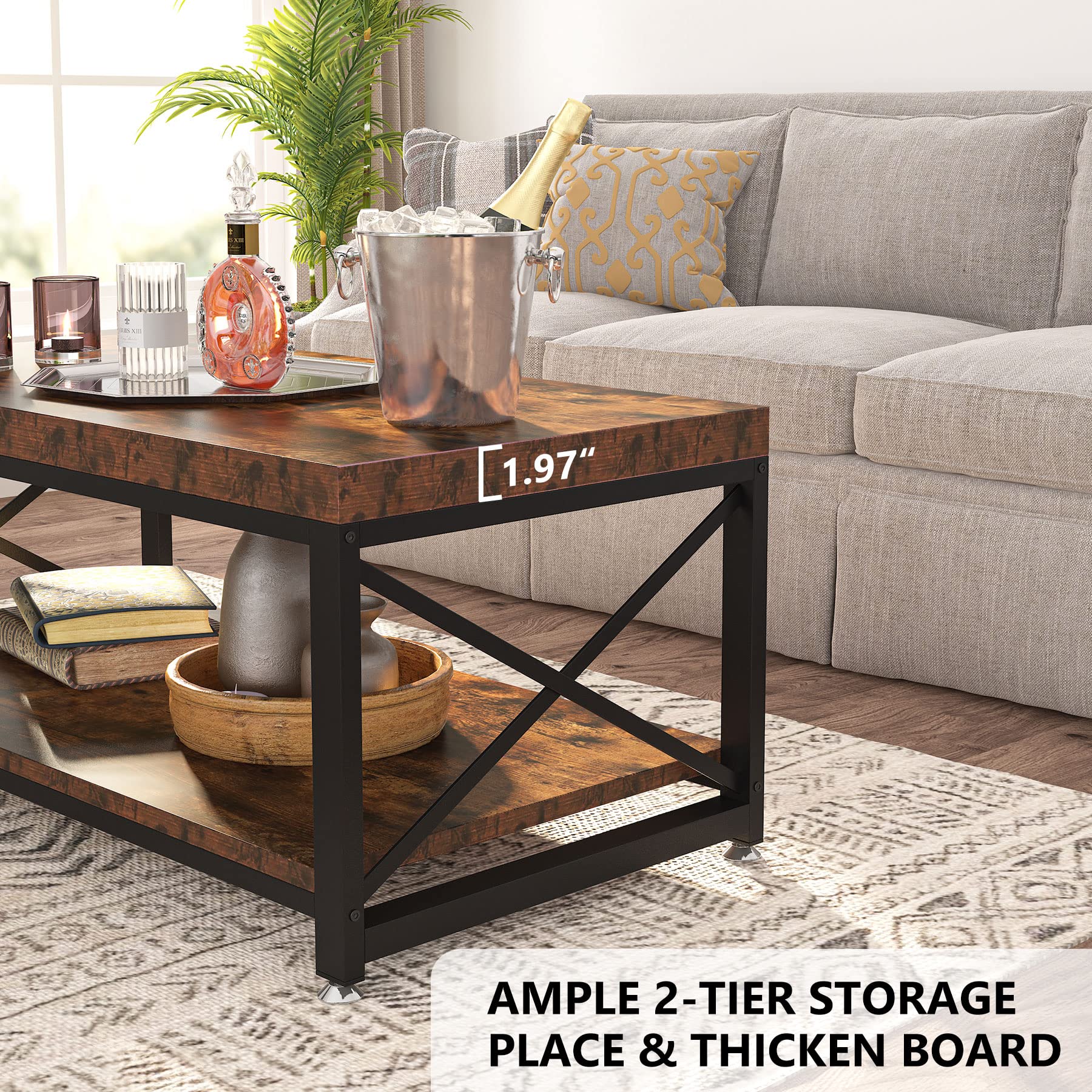 Tribesigns Industrial Coffee Table, 43 inch Cocktail Table with Storage Shelf for Living Room, 2 Tier Rectangle Center Table Tea Table with X-Shaped Steel Frame, Easy Assembly, Rustic Brown - WoodArtSupply