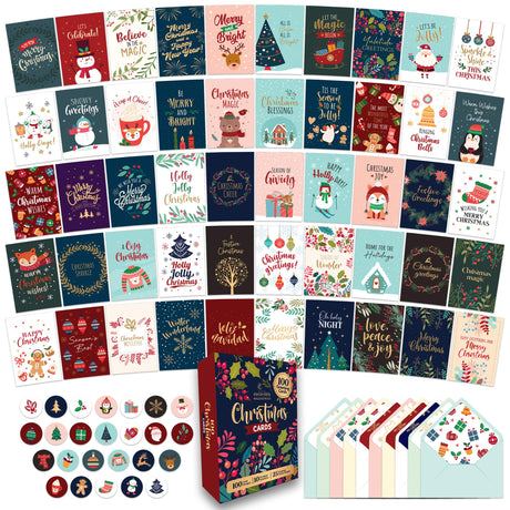 Decorably 100 Pack Foiled & Glittery Boxed 6x4in Assorted Christmas Cards with Envelopes and Stickers, 100 Unique Designs Bulk Christmas Cards Bulk, with Printed Message Inside Decorably