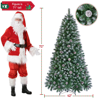 Yaheetech 6ft Artificial Christmas Tree, Snow Flocked Christmas Tree w/64 Pinecones, 920 Frosted Tips, Pre-Decorated Tree for Holiday Party Decoration