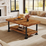 TRIBEWOOD Farmhouse Coffee Table, Wood Coffee Table with Storage, 2-Tier Live Edge Shelf, Metal Legs, 47" Rectangle Center Table for Living Room, Lounge, Brown and Black TRIBEWOOD