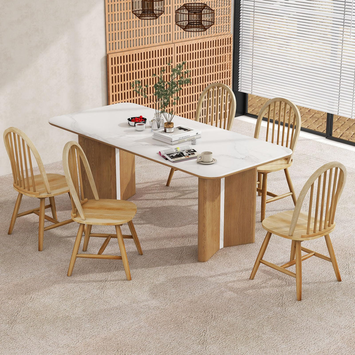 Safeplus 18" Oak Dining Chairs Set of 4, Wood Windsor Chair with Spindle Back for Country Farmhouse Kitchen Island Safeplus