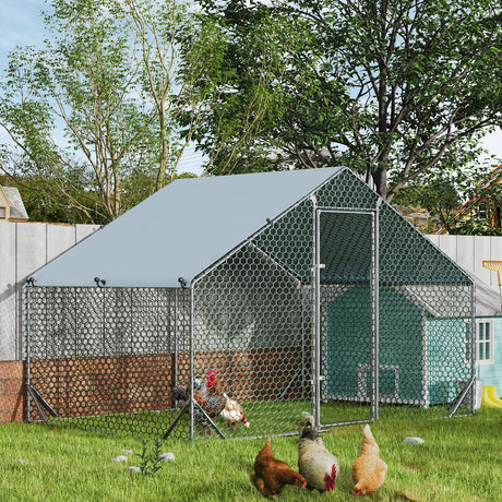 4ever2buy Large Metal Chicken Coop with Run Walk-in Poultry Cage Chicken Runs House Pen Cage Spire Roofed Chicken Coops with Anti-Ultraviolet Cover for Outdoor Backyard Farm Use 9.8’L x 6.6’W x 6.4’H 4ever2buy