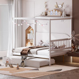 KOMFOTT Space-Saving Full Wood Canopy Bed with Twin Trundle for Kids - Easy Assembly in White KOMFOTT