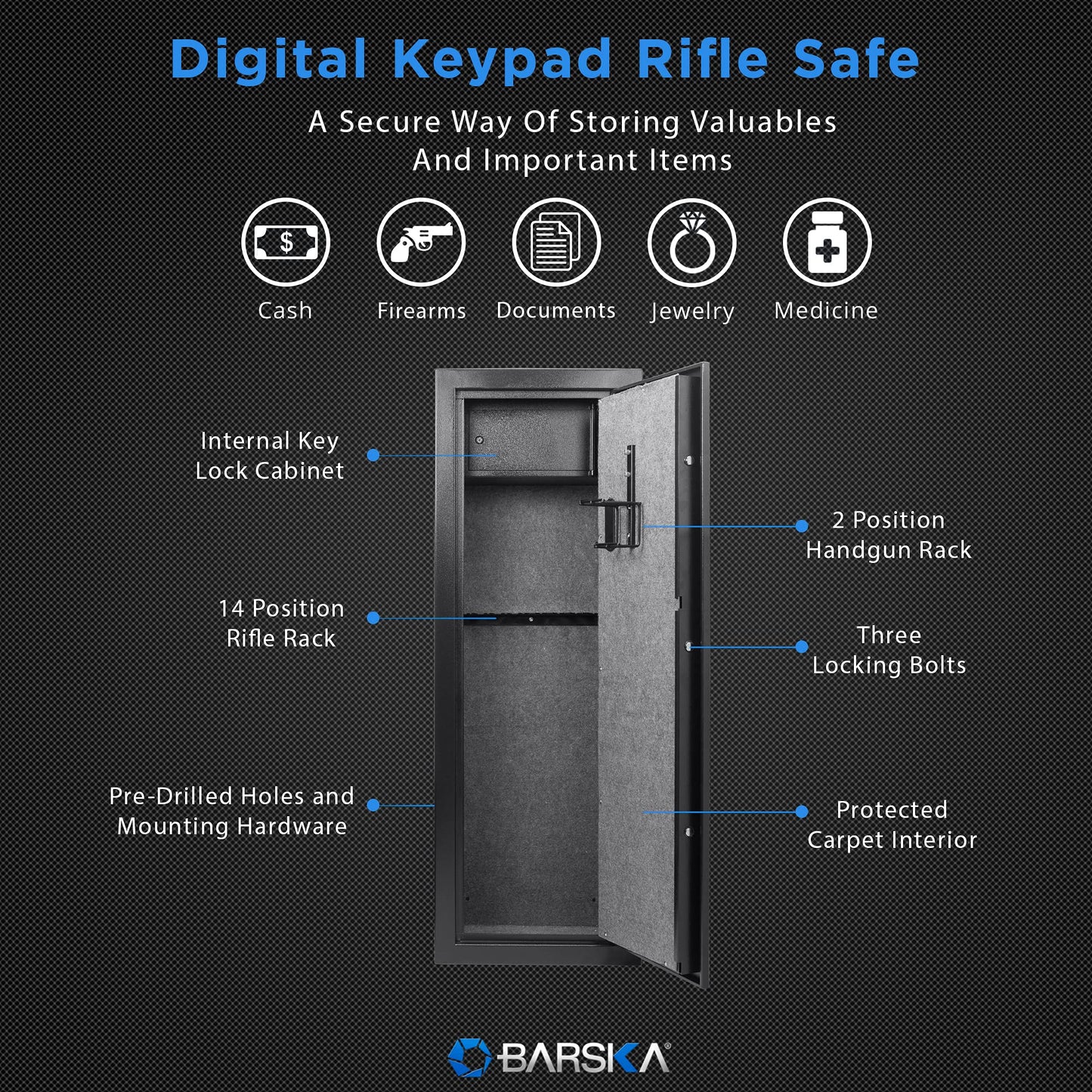 Barska Quick and Easy Digital Access Rifle Firearm and Long Gun Safe for Home with Optional Silent Mode - 14 Position Keypad - WoodArtSupply