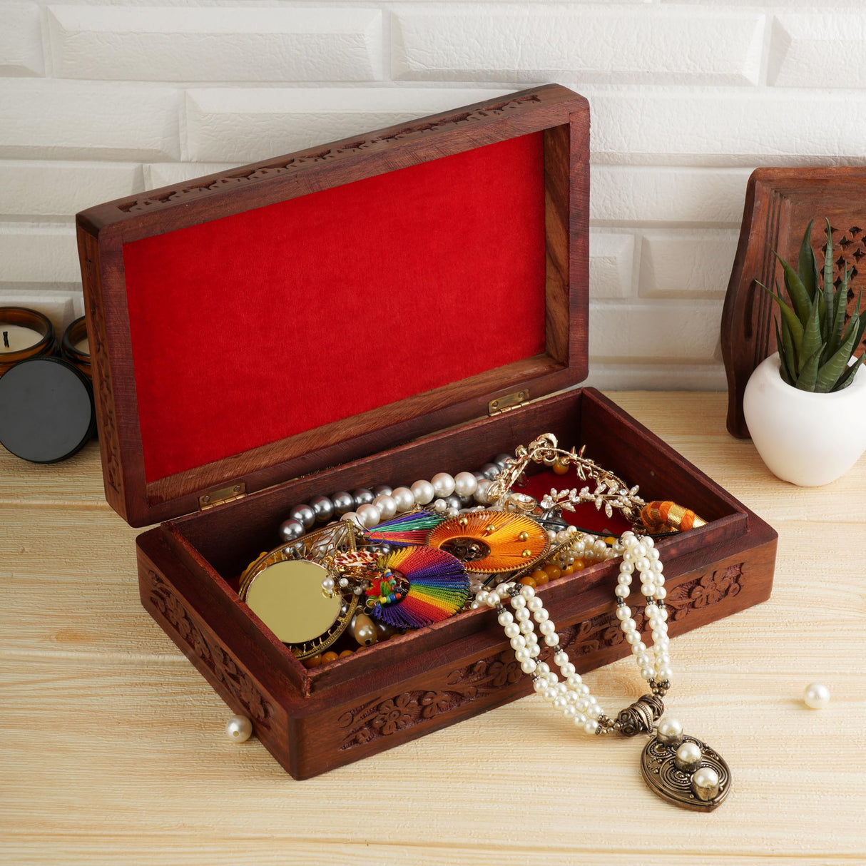 Ajuny Wooden Handcarved Decorative Jewelry Storage Box Flower Design Multipurpose Treasure Chest Keepsake Organizer Necklaces Watch Boxes Great for Gifts 10x6 Inch Ajuny