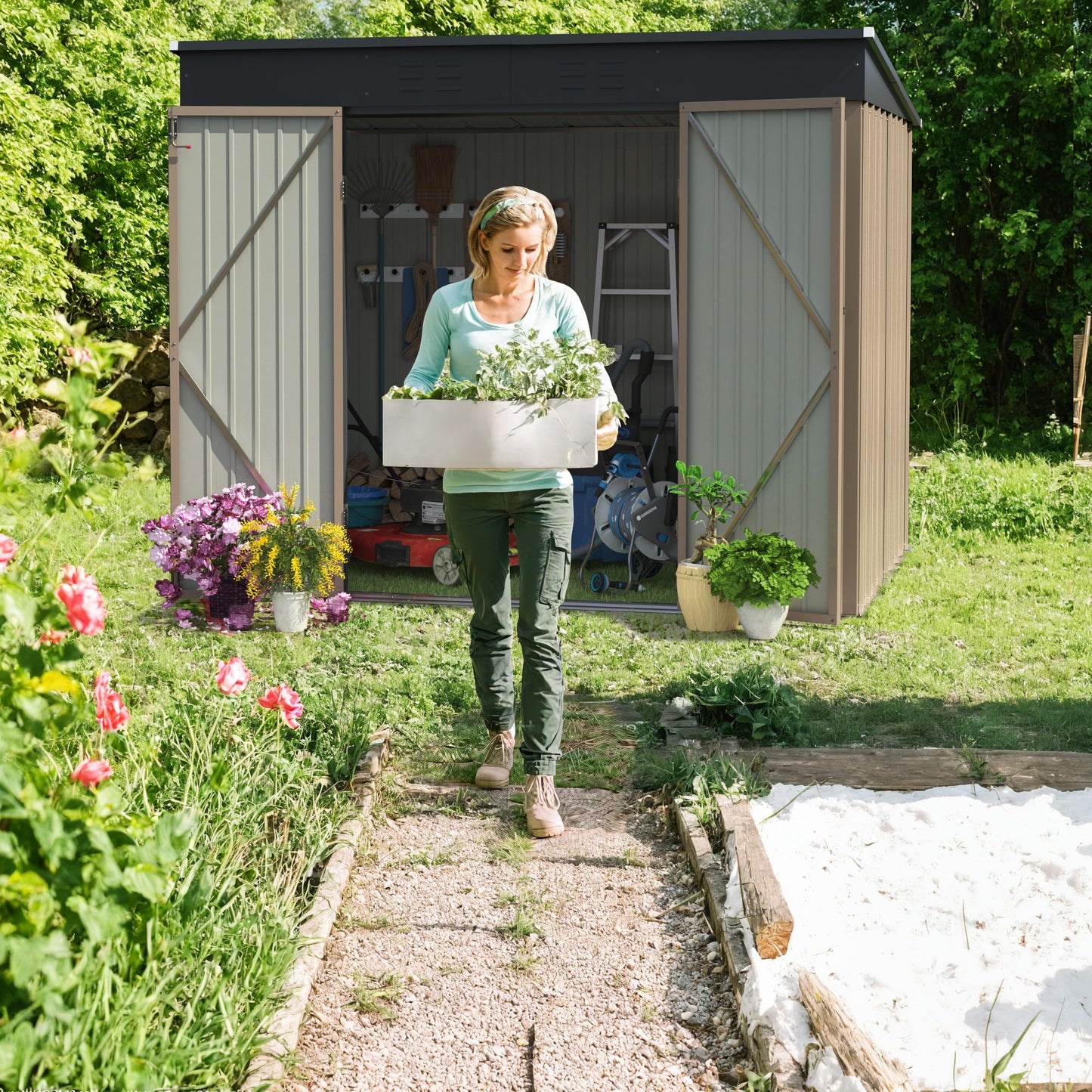 Greesum Outdoor Storage Shed 8FT x 6FT, Steel Utility Tool Shed Storage House with Door & Lock, Metal Sheds Outdoor Storage for Backyard Garden Patio Lawn, Brown