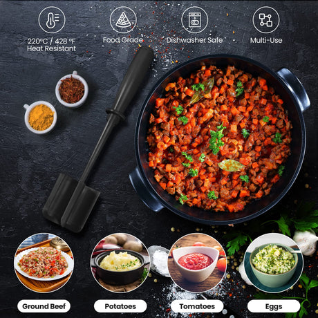 CUNSENR Premium Meat Chopper for Ground Beef - Heat Resistant Meat Masher - Kitchen Tools & Gadgets - Durable Ground Beef Smasher - Non Stick Hamburger Chopper - Cook Ground Meat with Ease(Black) CUNSENR