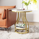 Tribesigns Round Side Table White Gold End Table 2-Tier End Table Modern Bedside Table Small Side Table with Storage for Couch Side, Sofa Side Table with Metal Frame for Living Room (1) Tribesigns