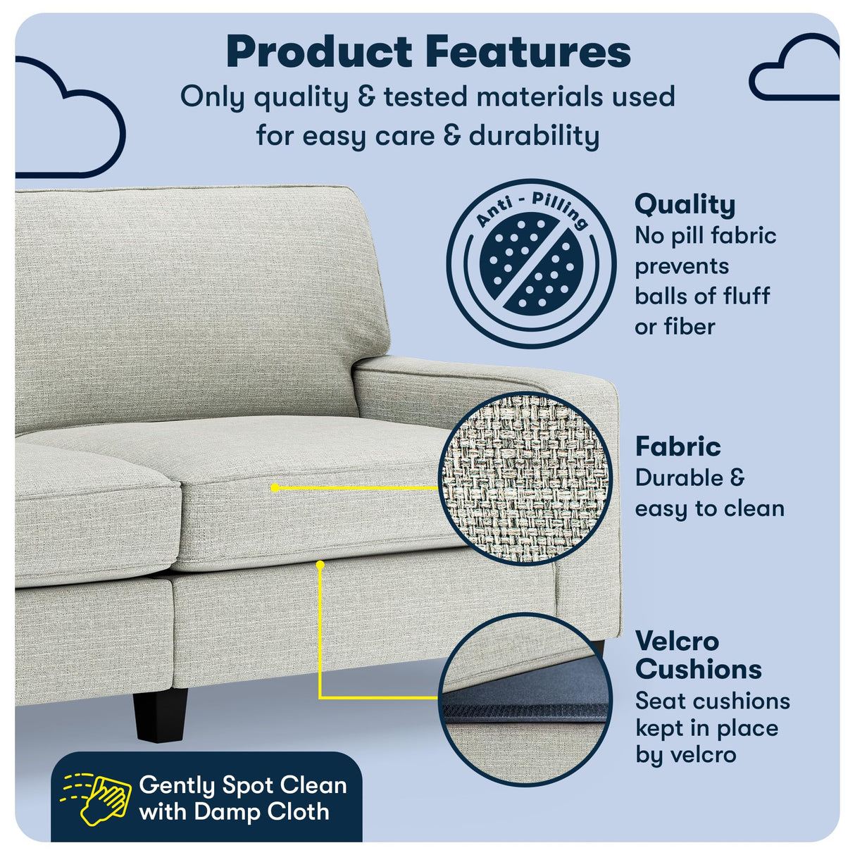 Serta Palisades 78" Track Arm Sofa, Easy Care Polyester, Soft Pillow Back, Pocket Coil Seat Cushions, Removable Covers, Loveseat or Couch for Small Spaces, Living Rooms or Bedrooms, Pebble Gray Serta