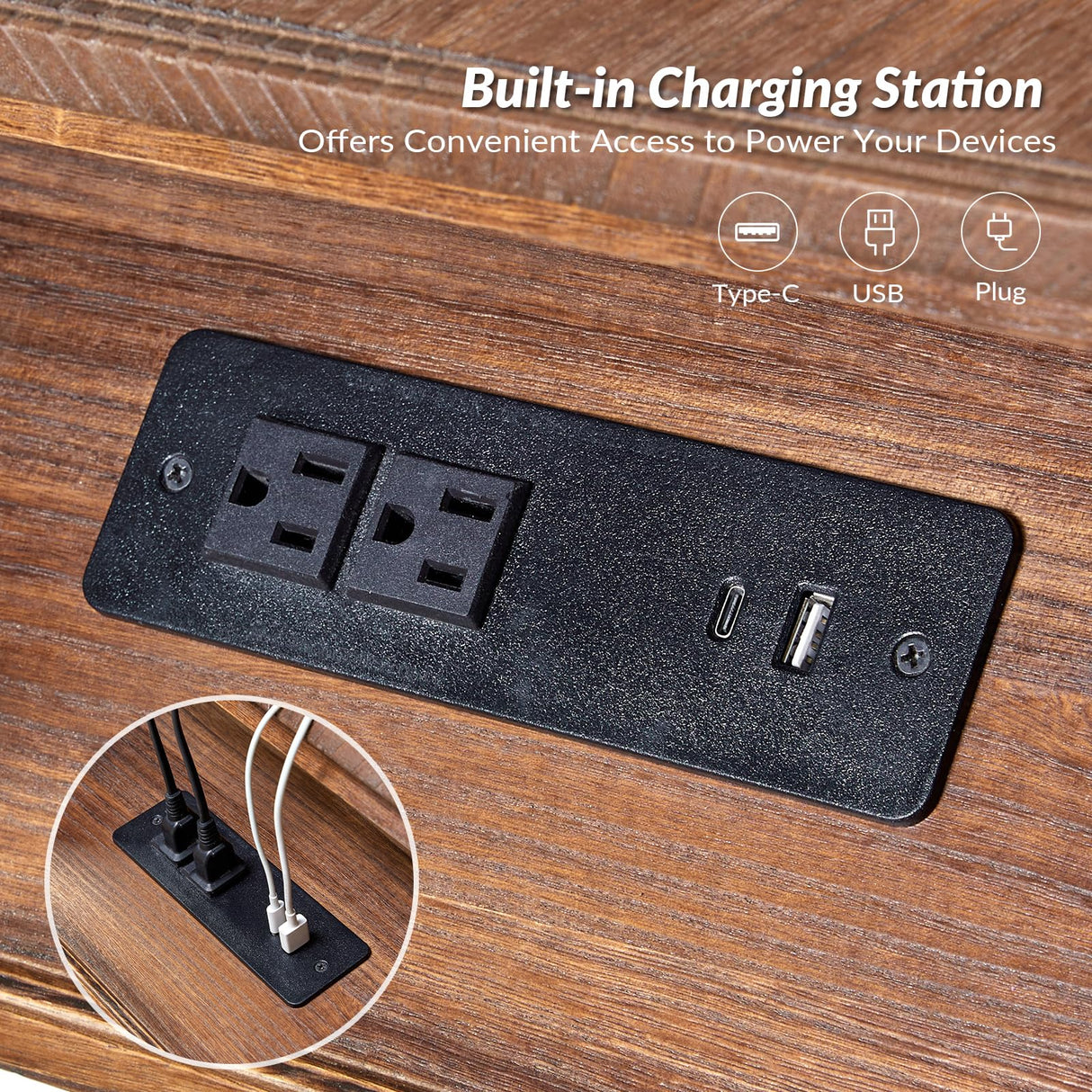 HULALA HOME Farmhouse End Table with Charging Station, Solid Wood Nightstand with Drawer Shelf, Side Table with Pull-Out Shelf (Walnut) HULALA HOME