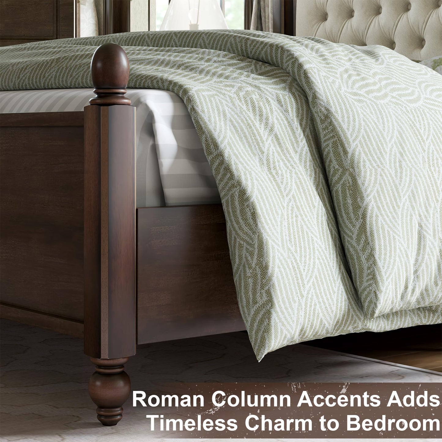 AMERLIFE Transitional Queen Size Solid Wood Bed Frame with Upholstered Tufted Headboard and Roman Column Accents - WoodArtSupply