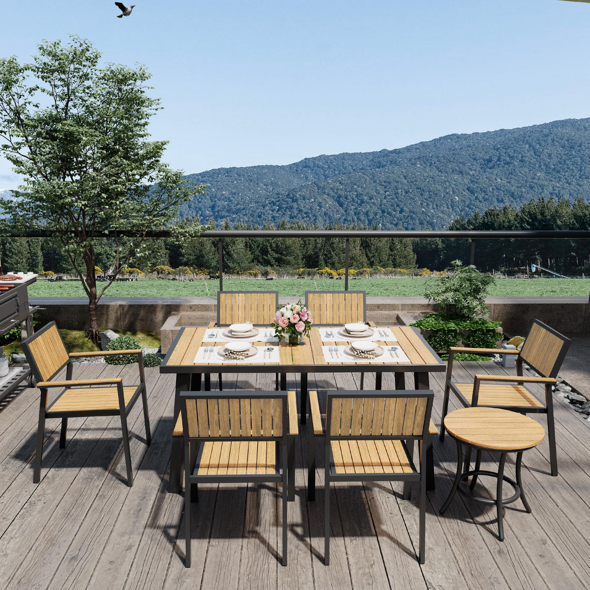 Pamapic 8-Piece Patio Dining Set，Outdoor Aluminum Furniture Set with Plastic-Wood Table Top,Outdoor Furniture Set with 6 Outdoor Stackable Chairs for Patio Garden Poolside (Teak) Pamapic