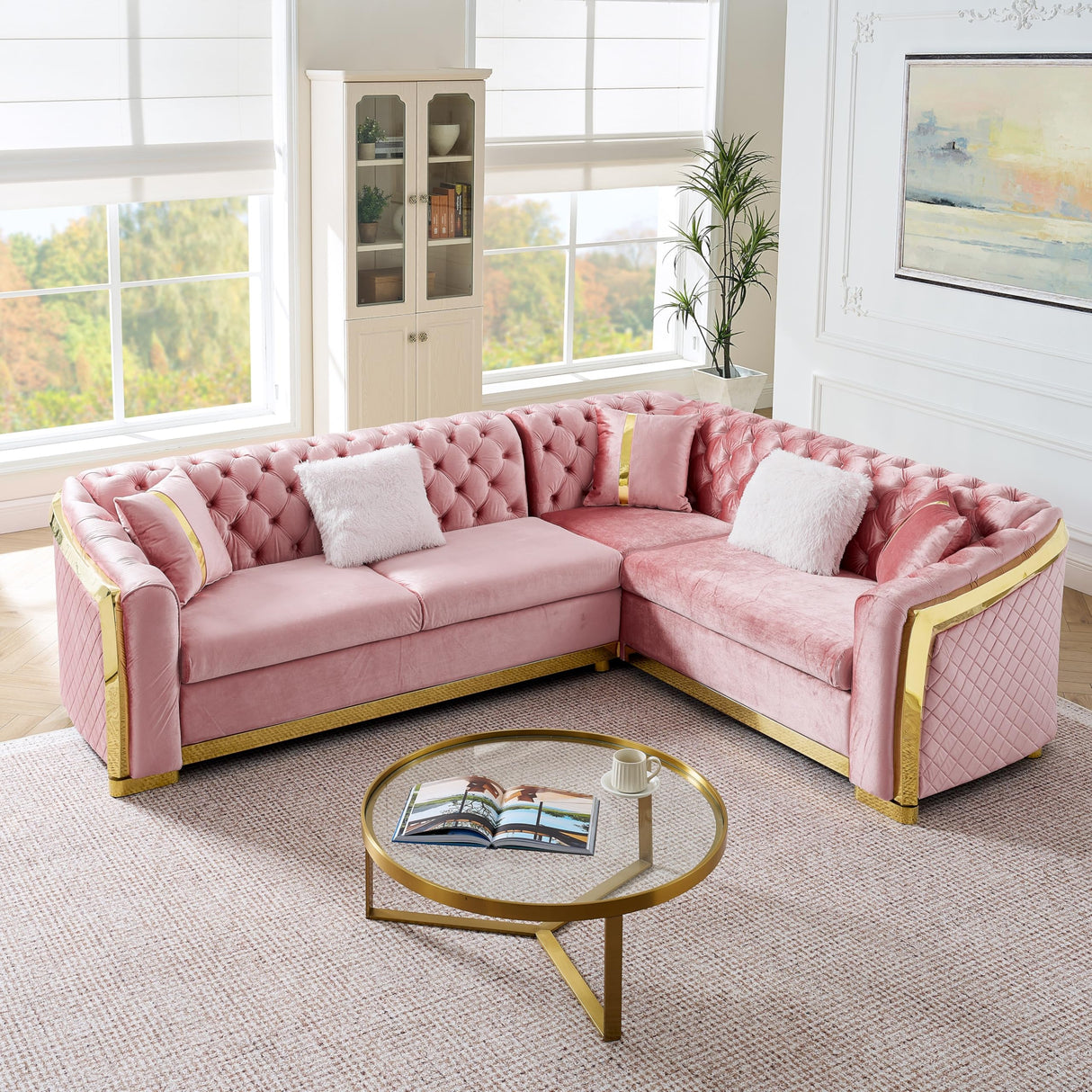 KEIKI 106" L-Shaped Luxury Velvet Chesterfield Sectional Sofa with Gold Stainless Steel Accents and 5 Pillows, Mid-Century Oversized 5-Seater Button Tufted Couch, Easy Assembly, for Living Room, Pink KEIKI