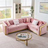 KEIKI 106" L-Shaped Luxury Velvet Chesterfield Sectional Sofa with Gold Stainless Steel Accents and 5 Pillows, Mid-Century Oversized 5-Seater Button Tufted Couch, Easy Assembly, for Living Room, Pink KEIKI