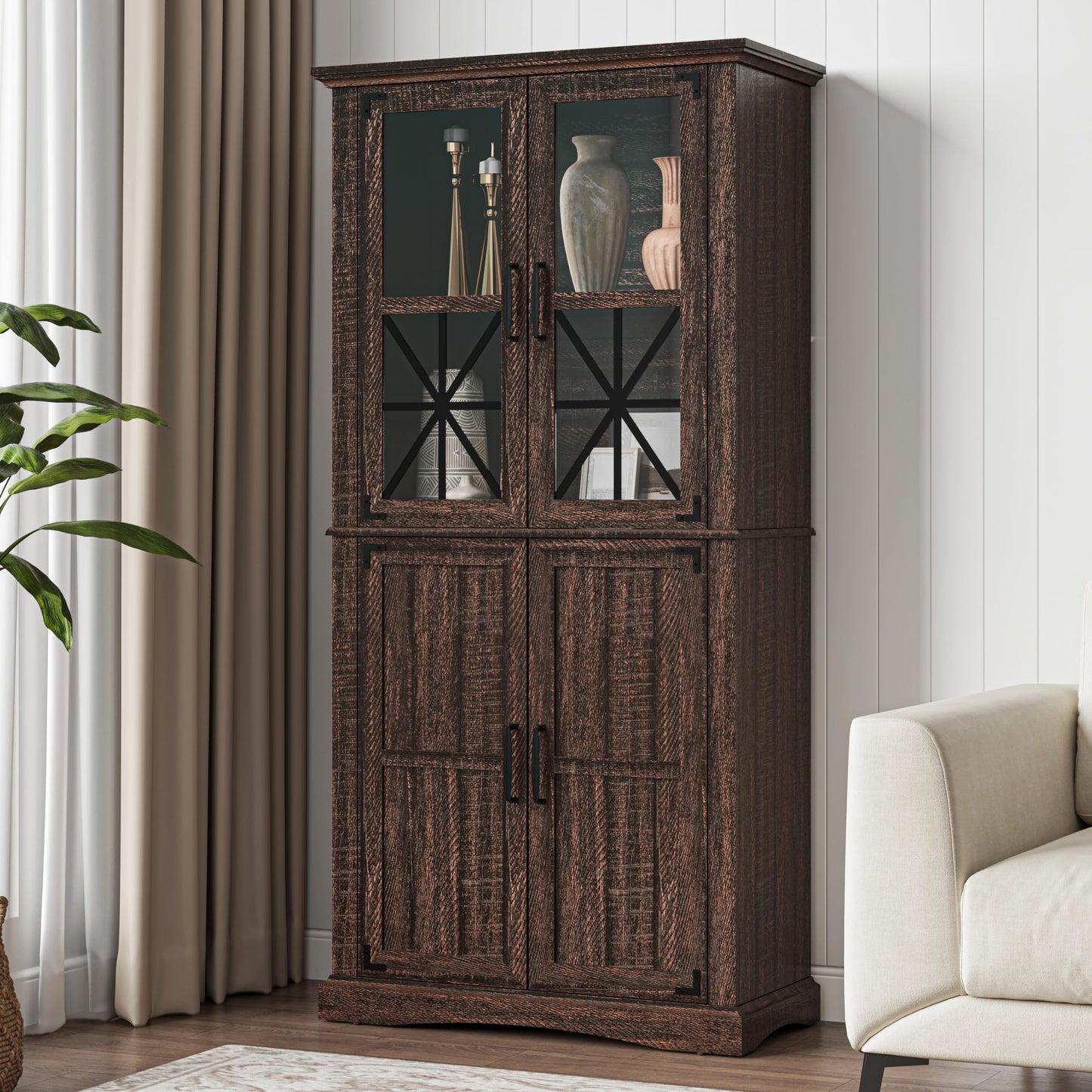 RoyalCraft 69'' Tall Farmhouse Storage Cabinet, Retro Display Cabinet with RGB Lights, Freestanding Kitchen Pantry Cabinet, Living Room, Home Office, Brown - WoodArtSupply