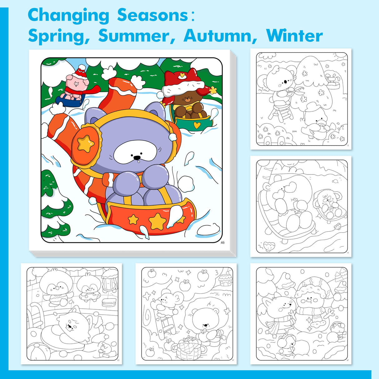 Cute & Cozy Coloring Book, 50 Sheets Warm Scenes with 600+ Stickers, Cute Animals- Themed Pages Stress Relief for Adults & Teens Relaxation, Comfy Day, Cozy Hygge Moment (8.3” x 8.3”) Gethelud