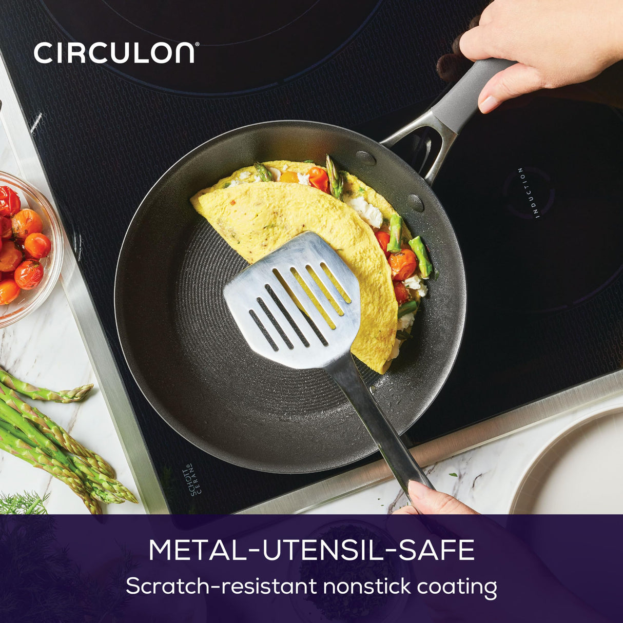 Circulon A1 Series with ScratchDefense Technology Nonstick Induction, Frying Pans/Skillets with Lids, Metal Utensil Safe, Skillet Set w/Lid (8.5", 10" & 12") - Graphite Circulon