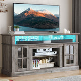 YITAHOME LED Farmhouse TV Stand for 65 Inch w/Outlets, Modern Entertainment Center with Glass Doors and Adjustable Storage Shelves, Media Console TV Cabinet for for Living Room, Grey YITAHOME