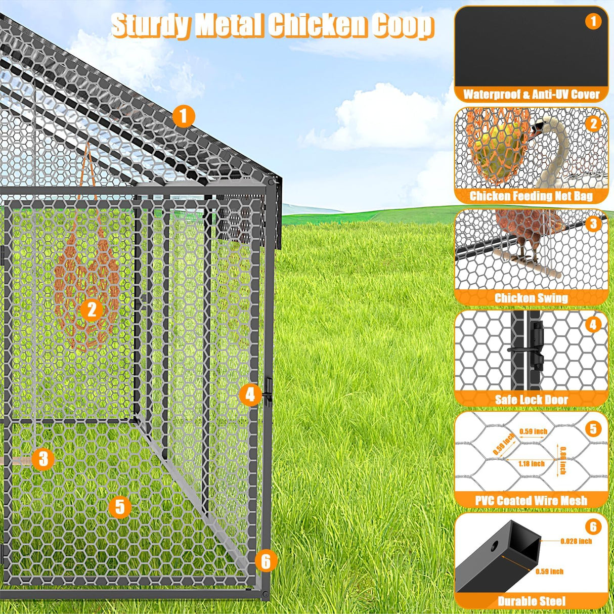 Large Metal Chicken Coop 120"×40"×40" Heavy Duty Chicken Run Hen House with Waterproof Anti-UV Cover for Outdoor Chicken Pens with Chicken Swing LEADONELNTL
