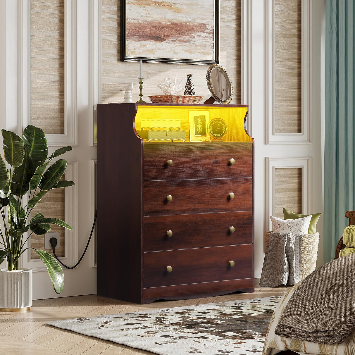 WLIVE LED Dresser for Bedroom, Tall Wood Dresser with 4 Drawers and Open Shelf, Chest of Drawers with Charging Station and LED Lights for Living Room, Hallway, Closet, Rustic Brown WLIVE