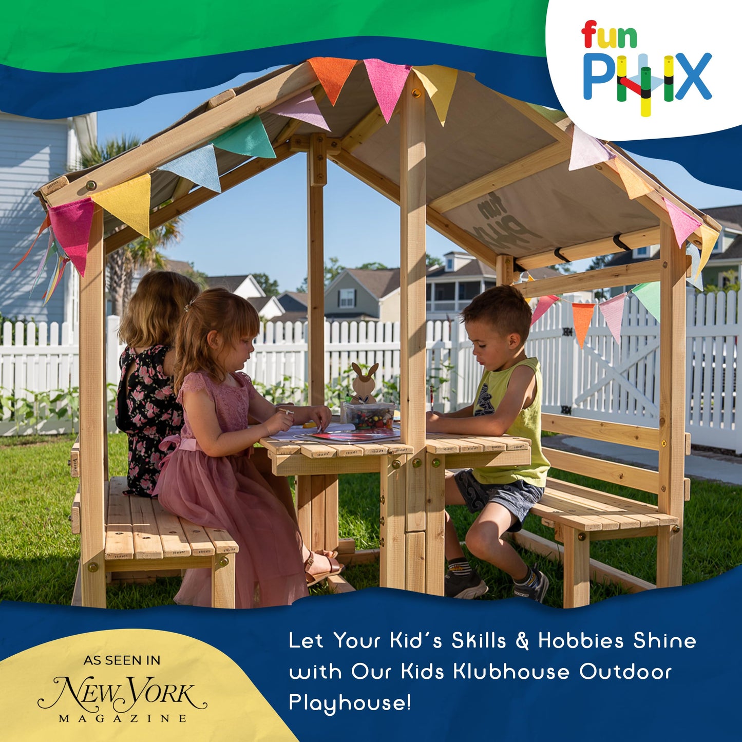 Outdoor Playhouse - Funphix Kids Klubhouse Wooden Playhouse with Table & Benches - Multifunctional Toy for Fun Play & Learning - Durable & Easy to Assemble Backyard Playground Set