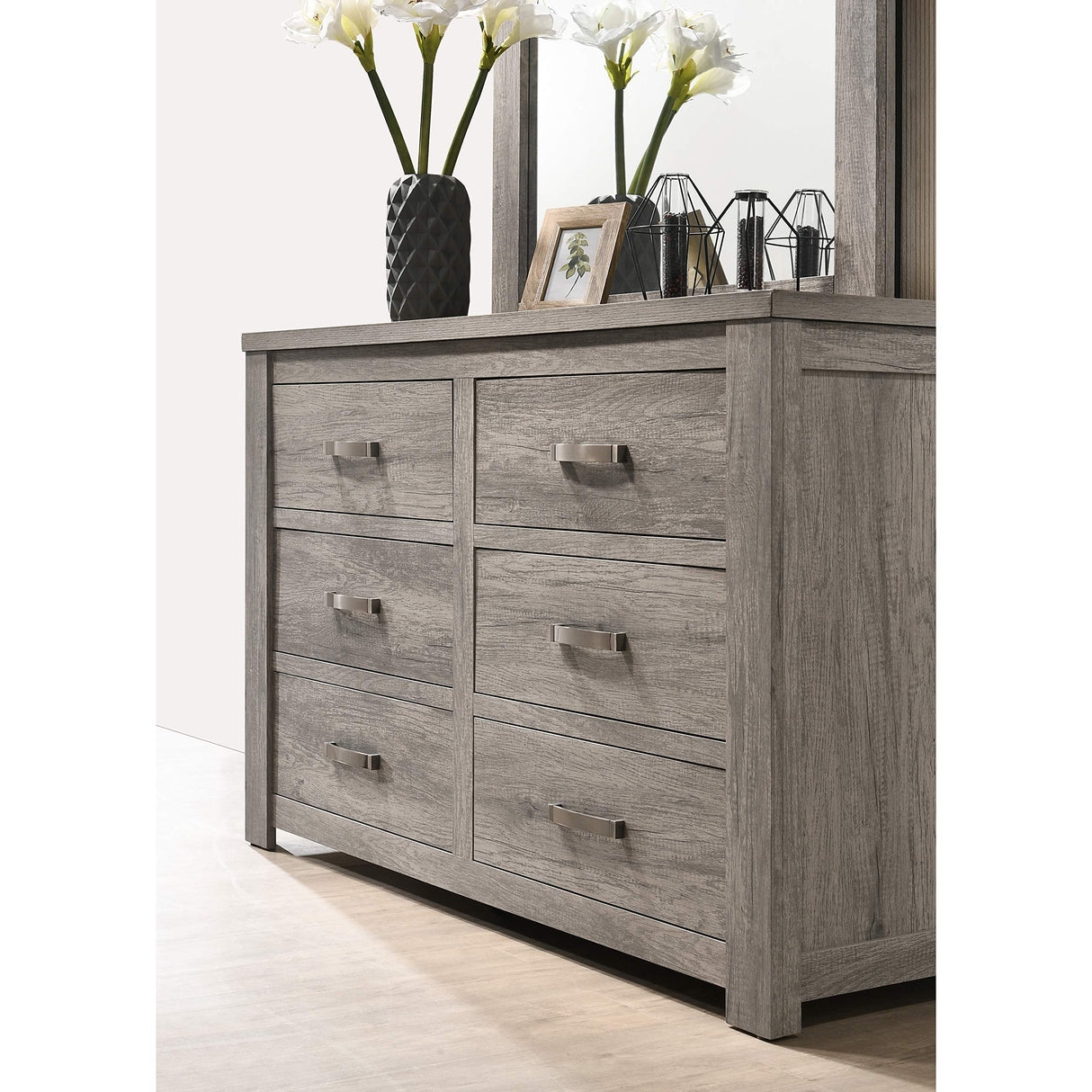 Roundhill Furniture Floren Contemporary Weathered Gray Wood Bedroom Set, Queen Panel Bed, Dresser, Mirror, Two Nightstands, Chest Roundhill Furniture