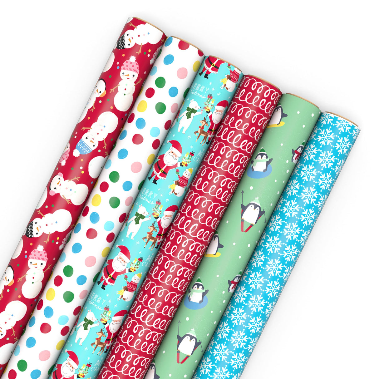 Hallmark Kids Christmas Wrapping Paper Rolls with Cutlines on Reverse (6 Rolls: 180 Sq. Ft. Total) Snowman, Snowflakes, Penguins, Santa Claus Hallmark